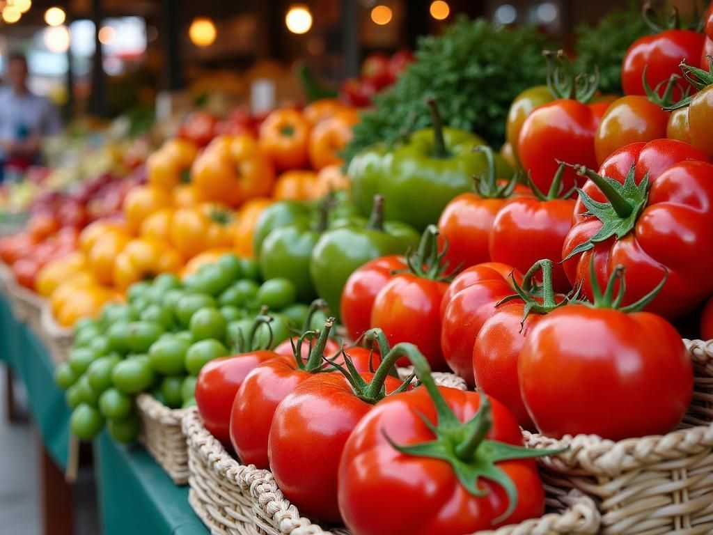 Fresh vegetables and fruits, including tomatoes and peppers, on display at a local Spanish market stall.